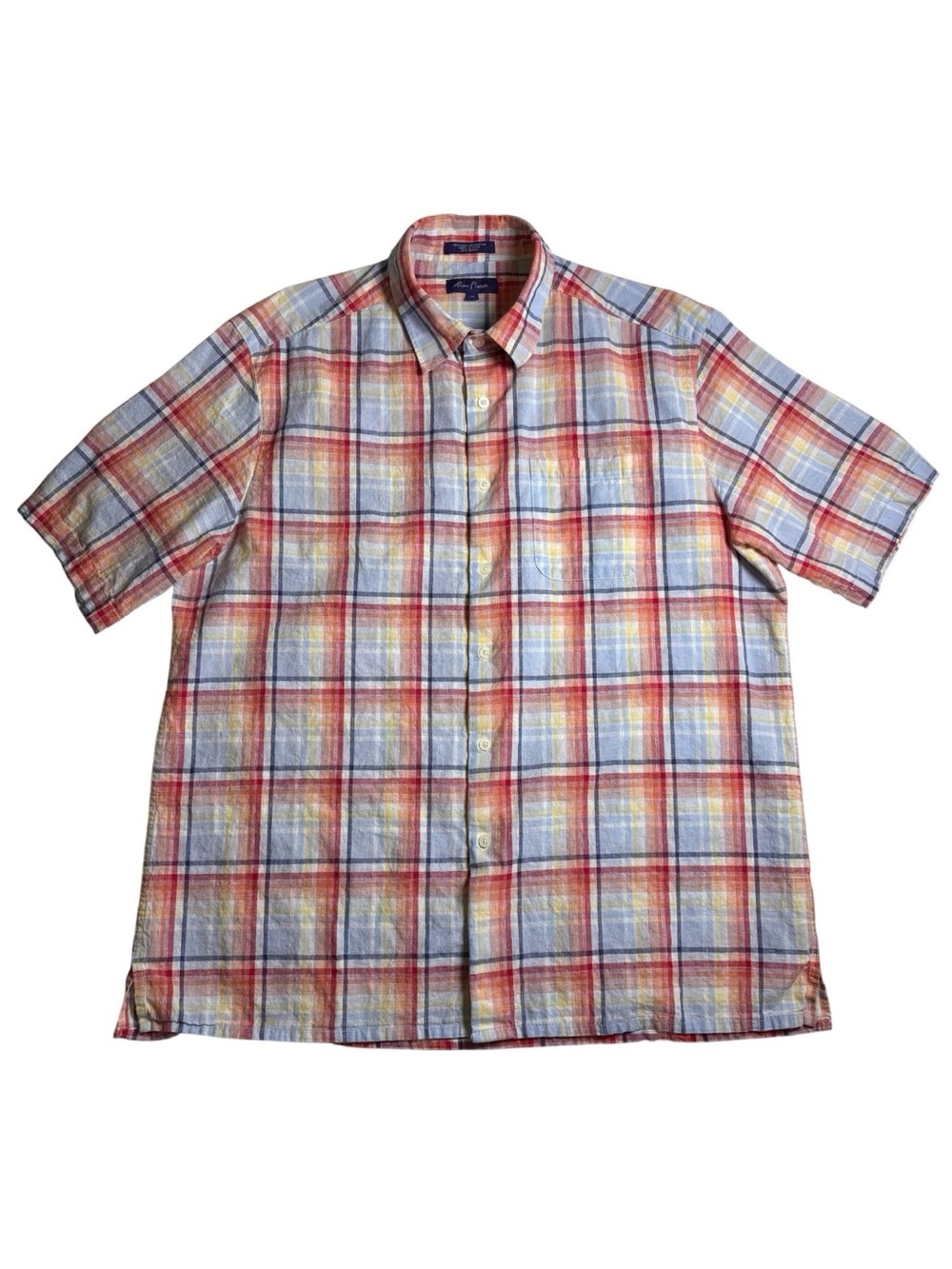 Alan Flusser Mens XL Linen Blend Button Up Plaid Short Sleeve Shirt Summer